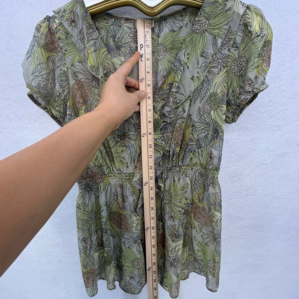Odille Anthropologie Silk Floral Ruffle Blouse Womens Size 2 Green Boho Feminine - Picture 7 of 9